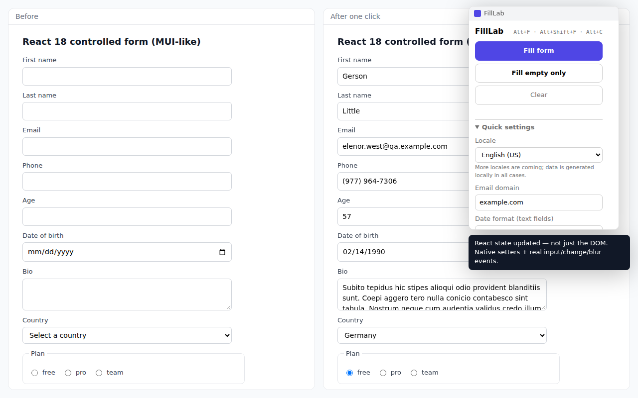 A React form before and after one click of FillLab, with the popup open